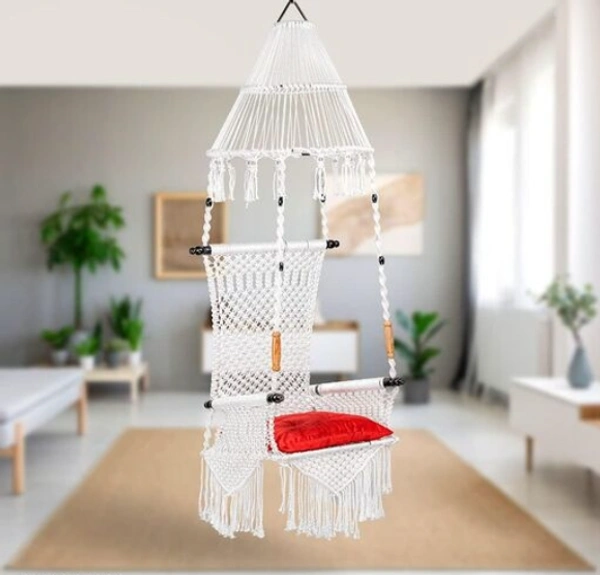 The Elegant Curio Centre Premium Maharaja Hanging Swing - White with Polyester Ropes & Mild Steel Frame Chair with Heavy Duty Stainless Steel Hanging Accessories And Cushion has a unique design, -  Free Size, White,  Polyester Rope With Iron Frame,  Pack of 1